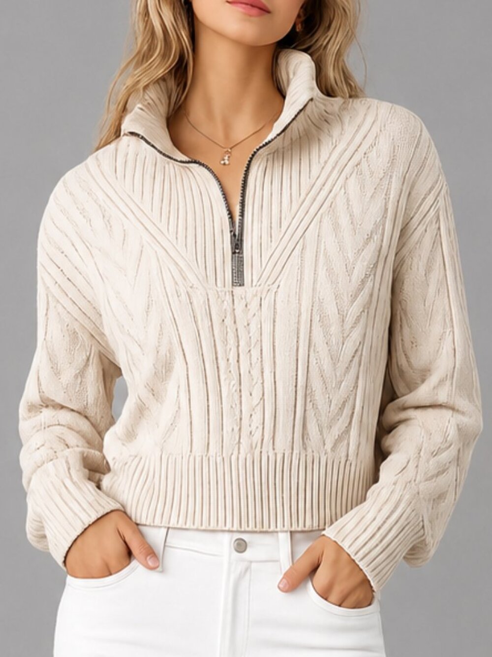 MONROW Cream Chunky Cable Knit Half-Zip Wool Blend Sweater Size XS EUC